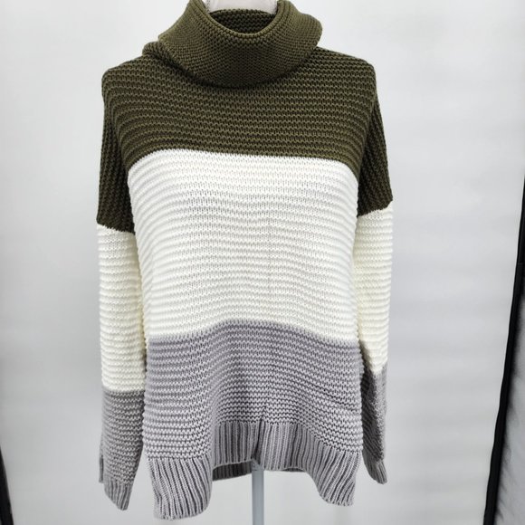 Casual Loose Fit Chunky Knit  Color Block Turtleneck Sweater L NWT - Picture 4 of 10